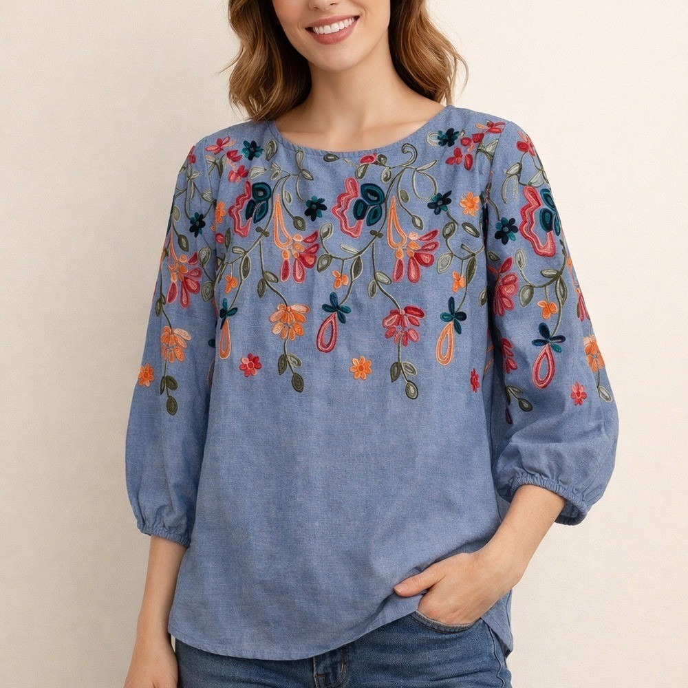 Embroidered Blue Peasant Top 3/4 sleeves -SMALL